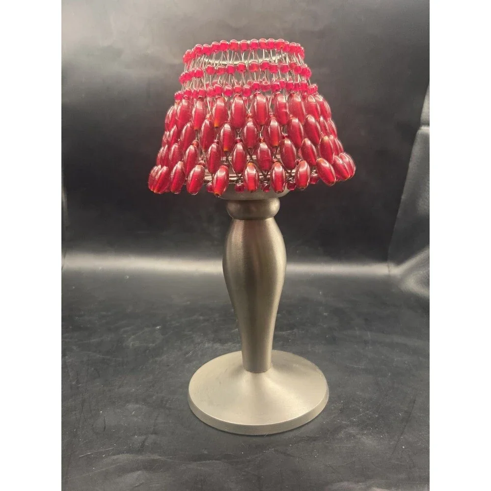 Vtg Pottery Barn Candle Holder Merlot Red Crimson Beaded Shade Fairy Light Lamp